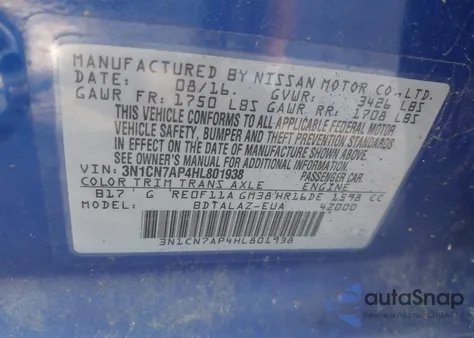 2017 Nissan Versa 1.6 S+ z USA, uszkodzony, nr VIN 3N1CN7AP4HL801938